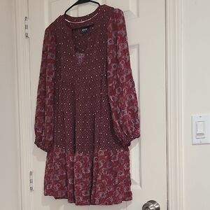 Anthropologie Maroon Long Sleeve Tiered  Dress